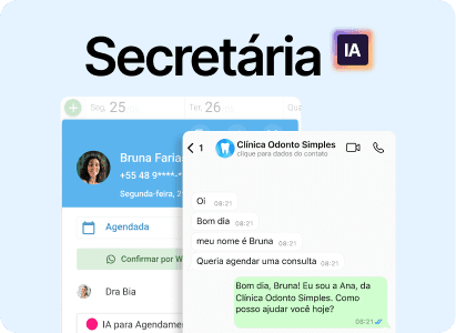 Tela da inteligência artificial do Simples Dental com transcrição automática de consultas e notas organizadas no prontuário, em interface moderna e intuitiva em tons de azul