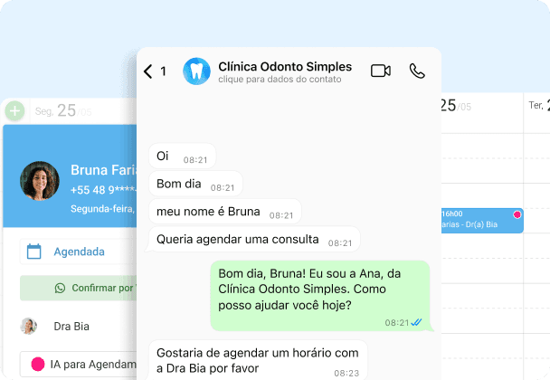 Conversa no WhatsApp em que a Secretária IA do Simples Dental atende a paciente, responde com tom humano e marca a consulta direto na agenda, em interface moderna e intuitiva